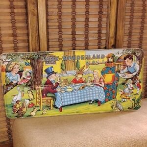 Vintage Alice in Wonderland Tin Paint Caddy- Colorful Illustrated Tea Party